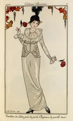 “Dragt af perlegråt satin. Sort stråhat”. Costumes Parisiens nr. 8. Kvinden bærer en perlegrå satinkjole og en sort stråhat med en fjer. Hun holder en rose i hver hånd.