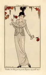 Kvinde i perlegråt jakkesæt og sort stråhat. Håndkoloreret pochoirtryk efter en illustration af George Barbier fra Tommaso Antonginis Journal des Dames et des Modes, Aux Bureaux du Journal des Dames et des Modes