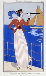 Kvinde, der ser i lang udsigt, i yatch-dragt - Mode 1914