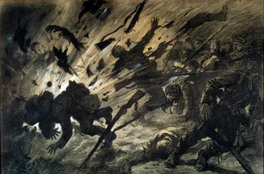 En granats virkning om natten, april 1915. Tegning af Georges Scott, kaldet Scott de Plagnolles (1874-1942), 1915 - Blæk på papir, gouachehøjlys - Mål: 0,67 x 1,010 m - Paris, Musée de l
