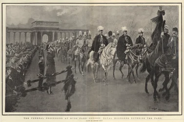 Begravelsesoptoget ved Hyde Park Corner, Royal Mourners kommer ind i parken