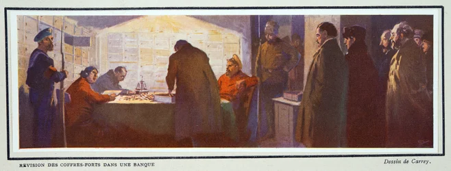Inde i en bankboks under revolutionen, fra Histoire des Soviets, pub. 1922 (farvelitografi)