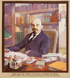 Lenin på sit kontor i Kreml i Moskva, fra Histoire des Soviets, pub. 1922 (farvelitografi)