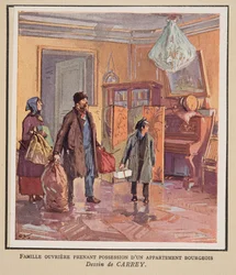 Arbejderfamilie tager en borgerlig lejlighed i besiddelse, fra Histoire des Soviets, pub. 1922 (farvelitografi)