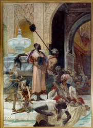 Massakren på Abenceragerne. Abenceragerne, en maurisk stamme i kongeriget Granada i det 15. århundrede, blev udryddet af Boabdil, kaldet Zoghbi (1452-1528). Maleri af Georges Jules Victor Clairin (1843-1919)