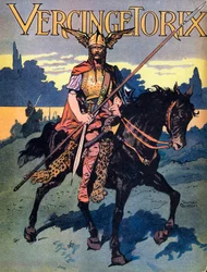 Portræt af Vercingetorix (ca. 80 - ca. 46 f.Kr.), kriger og gallisk leder af arvernerstammen (Portræt af Vercingetorix, 82 f.Kr. - 46 f.Kr., høvding for arvernerstammen). Illustration af Georges Conrad (1874-1936), hentet fra Nos Gloires Nationales