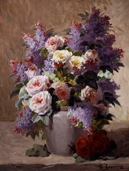 Stilleben med roser og syrener. Maleri af Georges Jeannin (1841-1925) Privat samling.