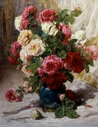 Stilleben med roser i en vase. Maleri af Georges Jeannin (1841-1925, Frankrig) Privat samling