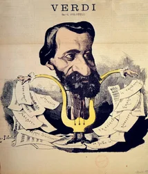 Karikatur af komponisten Giuseppe Verdi (1813-1901) ved Pilotell (1845-1918), marts 1869. Conservatoire National de Musique, Paris