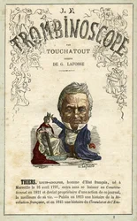 Adolphe THIERS (1797-1877) illustration fra "Le Trombinoscope", et satirisk politisk tidsskrift af Leon-Charles Bienvenu, kendt som Touchatout (1835-1910) monografi N. 2, Paris