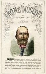 Giuseppe GARIBALDI (1807-1882) illustration fra "Le Trombinoscope", et satirisk politisk tidsskrift af Leon-Charles Bienvenu, kendt som Touchatout (1835-1910) monografi N. 20, imprimerie Vallee, Paris