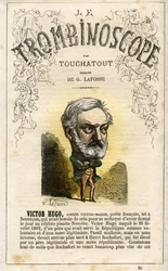 HUGO Victor Hugo (1802-1885) - illustration fra "Le Trombinoscope", et satirisk politisk tidsskrift af Leon-Charles Bienvenu, kendt som Touchatout (1835-1910) monografi N. 25, Imprimerie Vallee, Paris, feb 1872