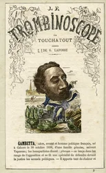 Leon GAMBETTA (1838-1882) illustration fra "Le Trombinoscope", et satirisk politisk tidsskrift af Leon-Charles Bienvenu, kendt som Touchatout (1835-1910) monografi N. 3, Paris