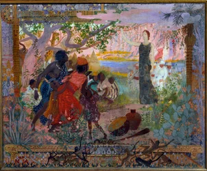 Akademisk kunst eller brandmand: "The conquet of Africa"" Allegori om kolonialisme, der repræsenterer en ung hvid kvinde, der højtideligt rykker frem mod skræmte afrikanske familier. Maleri af Georges Antoine Rochegrosse (1859-1938) 1900 Paris, Musée du Lu