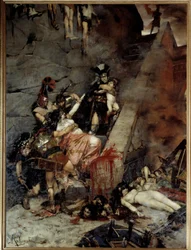 Andromaque. Troja taget, Pyrrhus havde i sin del af byttet Hectors enke, Andromaque, og hans søn Astyanax. Maleri af Georges Antoine Rochegrosse (1859-1938)