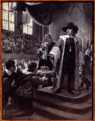 Olivier Cromwell (1599-1658) nægtede kronen Lord Protector of the Republic of Great Britain blev foreslået kronen af Humble Petition og Avis (New Parliament) i 1658. Grisaille på træ af Georges Antoine Rochegrosse (1859-1938) 1800-tallet .