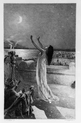 Salammbo, datter af Hamilcar Barca (eller Barcas), beder Tanit, månegudinden Illustration af Georges Antoine Rochegrosse (1859-1938) for romanen "Salammbo" af Gustave Flaubert, idet han tager lejesoldatskrigen på tidspunktet for Første puniker