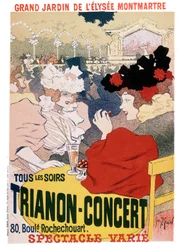 Plakat til shows ved Trianon-koncerten i haven til den parisiske kabaret Elysee Montmartre, ca. 1900