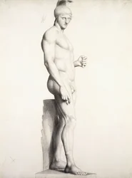 Kriger iført hjelm, i profil, 1875-1878
