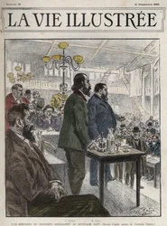 Generalkongres for socialistiske organisationer, afholdt i Paris i december 1899, på Gymnasium Japy - Jean Jaures (1859-1914) og Eugene Fournier (1857-1914) tegning af Georges Redon - la vie illustree de 1899