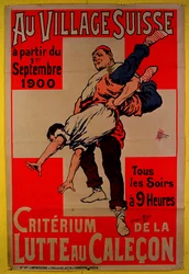 Plakat, der reklamerer for brydningskonkurrencer i den schweiziske landsby, 1900
