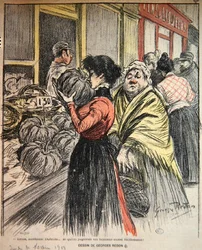 To kvinder vælger et græskar på et marked, slutningen af det 19. århundrede (farve litho)
