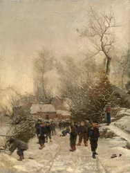 Landsby med børn i sneen (olie på lærred)