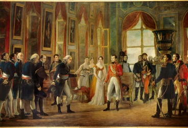 Napoleon I (1769-1821) modtog i Saint-Cloud Senatus-Consulte, som udråbte ham til kejser af franskmændene den 18/05/1804 (bag kejserinden Josephine står hans datter Hortense og hendes svigerinde Marie-Annonciade, Caroline Bonaparte (1782-1839)). Je