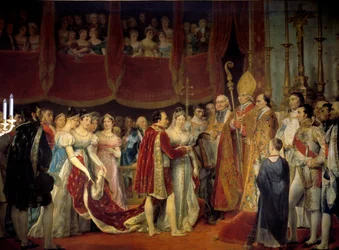Religiøst ægteskab af Napoleon I (1769-1821) med ærkehertuginde Marie Louise af Habsburg-Lorraine (1791-1847), 2/04/1810 i Salon carre du Louvre maleri af Georges Rouget (1783-1869) 1800-tallet søn. 3,67x4,94 m. - Napoleon I