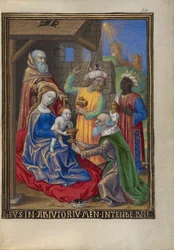 Magiernes tilbedelse fra en timebog Frk. 48 fol. 59, ca. 1480-90 (tempera, bladguld og blæk på pergament)