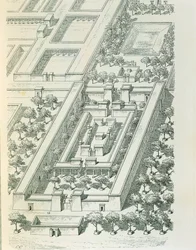 Radering, der viser et perspektivbillede af en bygning i Tell el-Amarna af Georges Perrot (1832-1914) og Charles Chipiez (1835-1901)