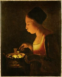 Pige, der blæser på et fyrfad (maleri på lærred)