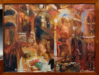 Cafe (Cafe) - Værk af Georgi Bogdanovich Yakulov (1884-1928), akvarel og hvidt på papir, russisk kunst, 20. århundrede, futurisme - Regionalt kunstmuseum, Kaluga (Rusland)
