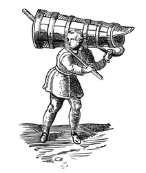 En lærling, med et trækar så højt som ham selv, på vej for at hente vand, 1572
