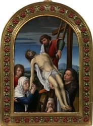 Nedstigningen fra korset (Joseph af Arimathea, Nikodemus, apostlen Johannes, Maria Magdalene, Jomfruen og den døde Kristus) - Nedstigningen fra korset af David, Gerard (ca. 1460-1523). Olie på træ, størrelse: 20x14, efter 1500, Galleria degli Uffizi, Firen