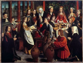 Brylluppet i Kana. Miraklet, hvor vand bliver til vin under en bryllupsfest, hvortil Jesus og Maria er indbudt. Maleri af Gerard David (1460-1523). 1 x 1,28 m