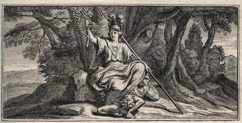 Minerva Slaming Discord - Minerva Terrassant la discorde - Gravering af Gerard Edelinck efter Daniel Halle (1614-1675)