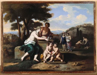 Nymfer samler blomster i et landskab