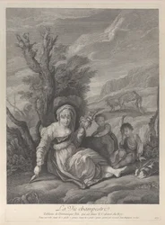 En landkvinde siddende i landskab med to drenge ved sin side, 1729-40.