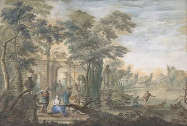 Arkadisk landskab med flere figurer og en statue af Diana, 1700-tallet.