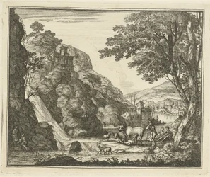 Hyrde med dyr ved et vandfald