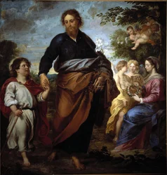 Sankt Josef og Jesus, i baggrunden jomfruen (olie på lærred