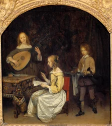 Koncerten: sanger og spiller af Luth Theorbe. Maleri af Gerard Ter Borch (1617-1681), hollandsk skole