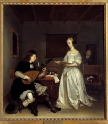 Duoen; sanger og lutspiller theorbo. Maleri af Gerard Ter Borch (1617-1681), hollandsk