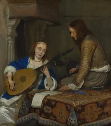 En kvinde, der spiller teorbolut og en kavaler, ca. 1658.