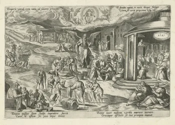 Fader Tid midt i scener med barmhjertighedsværker og kristne dyder Temporis utendi recta ratio, ad salutem proximi (...) (titel på objekt) Moralizing Allegories of Time (serietitel)