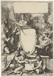 Cartouche omgivet af allegoriske figurer