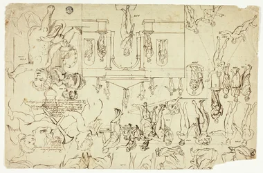 Kopier efter illustrationer af statuer og malerier (recto); mål til en mands skelet (verso)