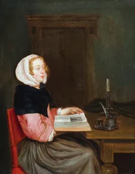 Et interiør med en kvinde siddende ved et bord med en bog i hånden (olie på panel)