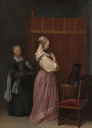 En ung kvinde ved sit toilet med en tjenestepige, ca. 1650-51